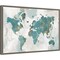 Teal World Map by Pamela Collabera 23-in. W x 16-in. H. Canvas Wall Art Print Framed in Grey